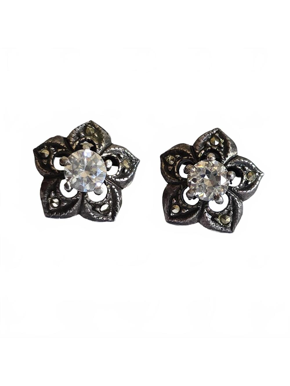 Vintage 925 Sterling Silver Stud Earrings w/ Solitaire Stone & Marcasite Floral